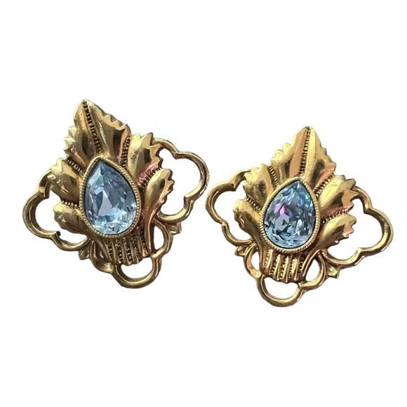 None Jewelry - Gold Tone Blue Gem Earrings